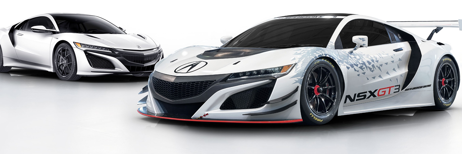 White 2018 Acura NSX and Acura NSX GT3